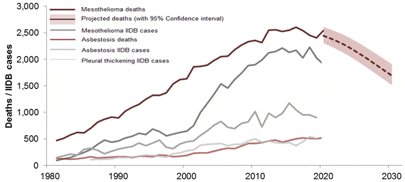 graph of asbestos health statistics showing asbestos related deaths